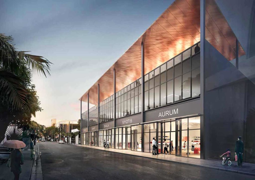 Winner of the Miami AIA 2017 Unbuilt Award

Building Area: 45,000 SF
Building Status: Unbuilt

The Copper Stitch is a retail infill project in Miami. The site’s lots are divided, with one small lot fronting NE 1st Street, and other lots grouped together on NE 39th Street. The client charged us with finding a way to connect the two sites with a memorable yet discreet design in keeping with the aesthetic of the Miami Design District’s mix of luxury shops and restaurants. We wanted to design, in addition, a focal point that would activate the street at night with a soft glow.

A major inspiration for the project was our exploration of the many ways to use copper material – as a perforated rain screen, as softly-burnished reflective panels, and as copper fascia. We wanted to differentiate the building with a distinctive, warm material that was rich enough in its materiality to hold its own with adjacent luxury retailers.
